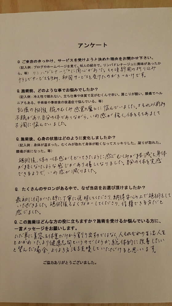 渋谷区　乳がん手術後の違和感　70代　女性